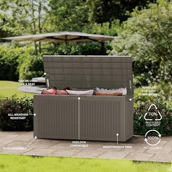 Outdoor Storage Box, 100 Gallon Resin Deck Box Waterproof for Patio Furniture, Garden Tools and Pool Accessories, Lockable UV-Resistant Storage Bin Bench Cabinet for Outside, Grey
