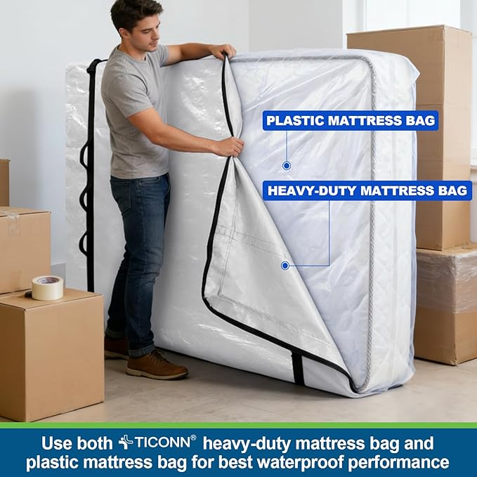 TICONN Mattress Bags for Moving, Heavy Duty Queen Mattress Cover Storage Bag with Full-Around Handle and Adjustable Buckles (Clear, Queen)