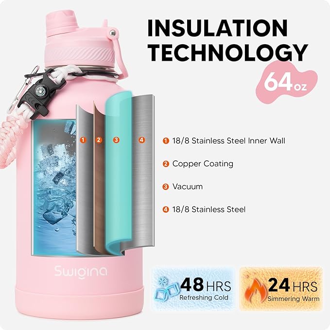 [2-IN-1 LID] 64 oz Insulated Water Bottle with Silicone Boot (48hrs Cold/24hrs Hot) - DIY Stickers, Leakproof, BPA Free, Half Gallon