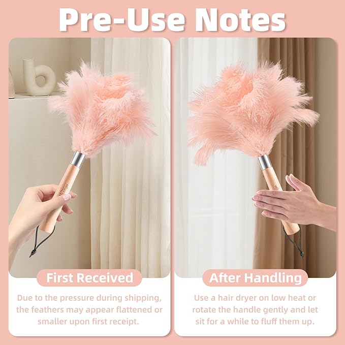 Pink Ostrich Feather Duster with Wooden Handle, 13.5 inch Natural Fluffy Cleaning Tool for Dusting Home, Car, Delicate Surfaces, Reusable Decorative Duster for Ledges, Blinds & Valentines Home Decor