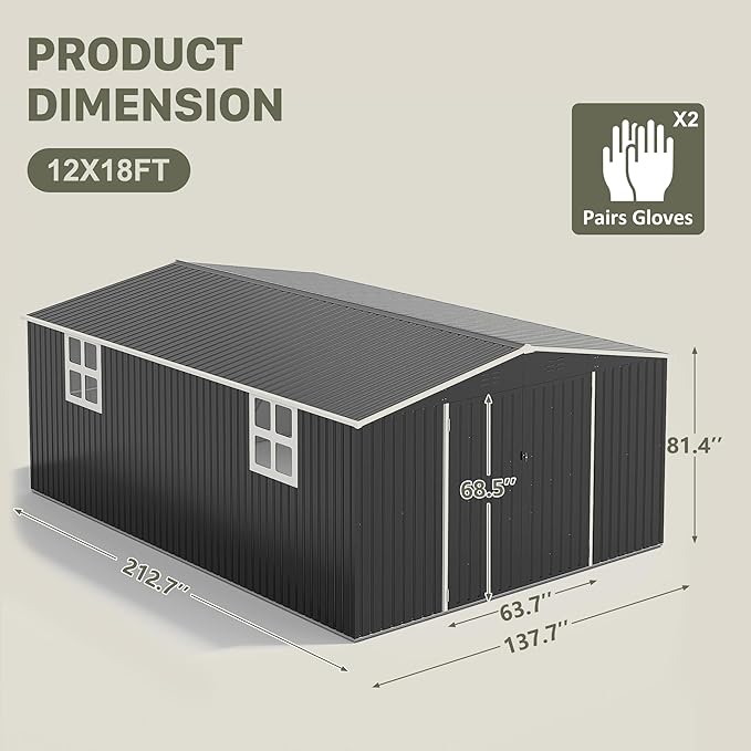 Polar Aurora 12x18 FT Outdoor Storage Shed, Garden Shed with Updated Frame Structure and Lockable Doors, Metal Tool Sheds for Backyard Garden Patio Lawn,Black