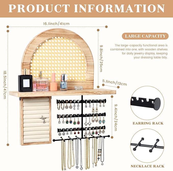 Hanging Jewelry Organizer Wall Mounted with Rustic Wood Rattan Shelf Wooden Ring Display Box Large Boho Jewelry Holder for Necklaces Bracelet Earrings Rings Storage