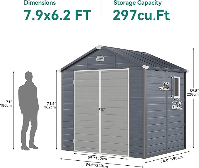 YITAHOME 8x6FT Resin Storage Unit sans Flooring, All-Weather Plastic Shed with Window, Vents and Secured Doors, Outdoor Plastic Tool Cabin for Poolside, Lawn, Backyard, Patio, Dark Gray