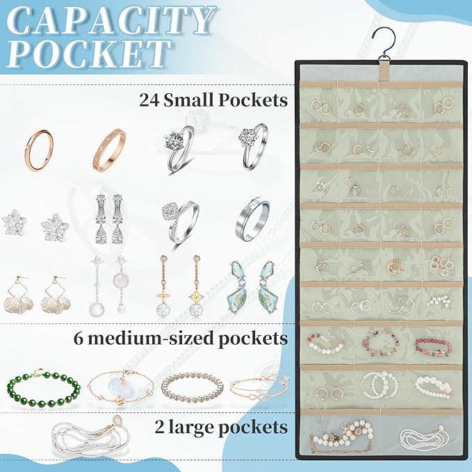 GMAK Hanging Jewelry Organizer with Hanger Metal Hooks, Double-Sided Jewelry Holder Accessories Organizer Storage Roll for Jewelry, Earrings, Bracelets, Necklaces, Rings - Black
