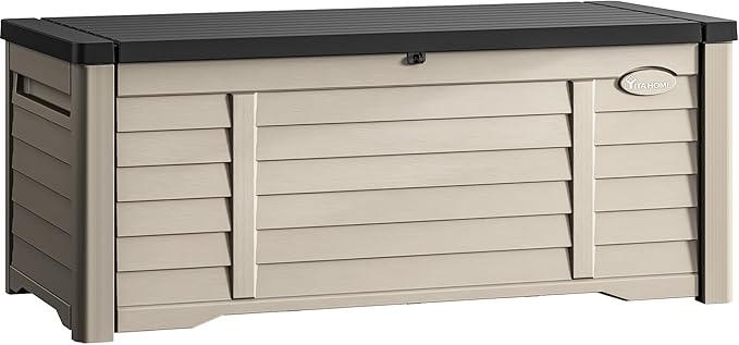 YITAHOME 150 Gallon Large Outdoor Storage Deck Box, Waterproof Cushion Storage Bench with Lockable Lid for Patio, Pool Supplies, Garden Tools, Resin, Black & Brown