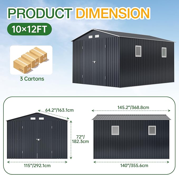 Breezz Outdoor Storage Shed 10 x 12 ft. Utility Tool Shed Metal Storage Garden Shed with Lockable Doors, Windows for Patio Storage, Nightblue