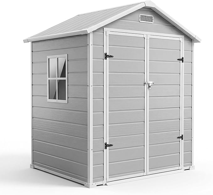 6x4 FT Outdoor Storage Shed with Floor, Plastic Resin Garden Shed with Window & Sloping Roof & Lockable Door for Patio Backyard Garden, Lawn Mower, Bike, Tool Storage