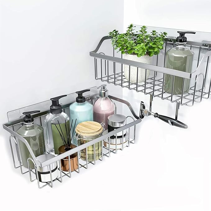 Shower Caddy Adhesive Replacement 15 Pcs Shower Caddy Adhesive Hook No Drilling Stickers for Shelves Basket Bathroom Organizer Hanging Hook Wall Mount Sticker Strips Pads