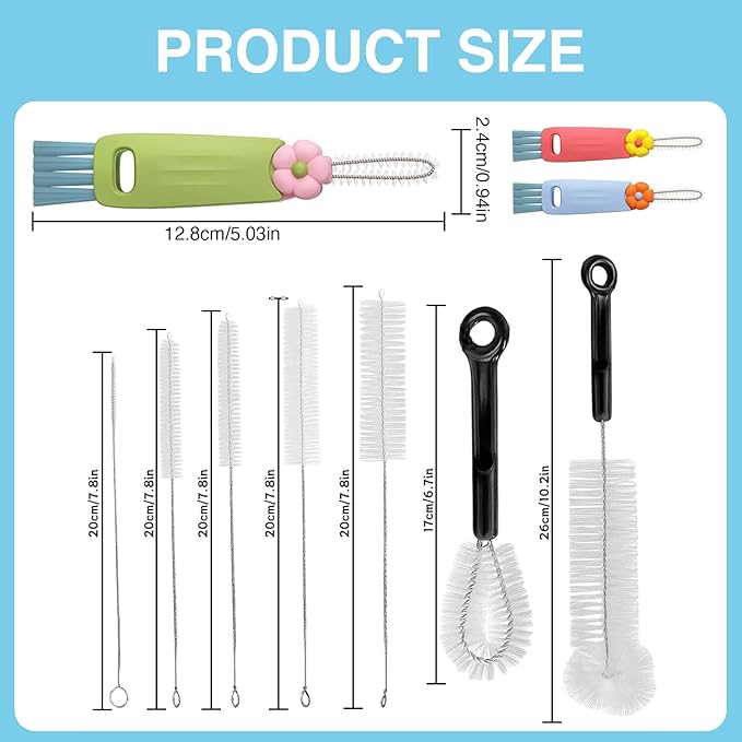10 Pcs Bottle Brush and Lid Cleaning Brush Set, Long Water Bottle Straw Cleaner Brush for Wine Decanter Narrow Neck Bottles, Home Kitchen Crevice Brush Tools