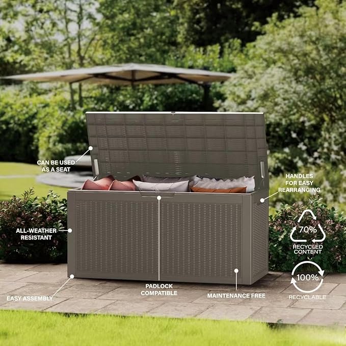 180 Gallon Outdoor Storage Box Waterproof, Lockable Resin Deck Box Large Storage Bin for Patio Furniture Cushion, Garden Tools, Pool Accessories, UV-Resistant Outside Indoor Storage, Gray