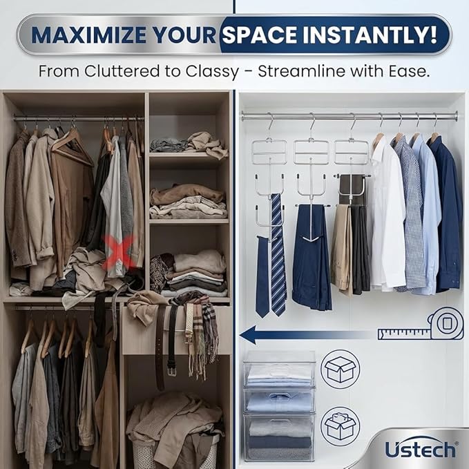 Ustech Metal Hanger Multi Purpose Space Saving 4 Tier Chrome Finish with Bottom Spinner Hook for Scarves Ties, and Accessories Foldable Hook for Closet Organization Durable Alloy Steel Pack of 2