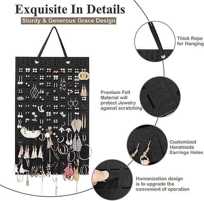Hanging Jewelry Earrings Necklaces Holder For Women Large Capacity Wall Mounted Earring Bracelet Brooch Sunglasses Organizer (Black Earrings Holder)