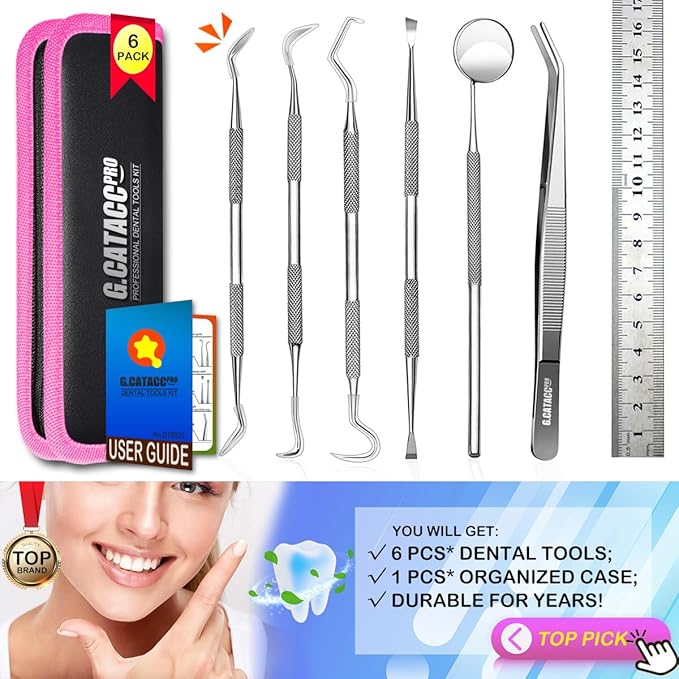 G.CATACC Dental Tools, Dental Pick Teeth Cleaning Tools Hygiene Kit, Plaque Remover for Teeth, Professional Stainless Steel Tooth Scraper Plaque Tartar Cleaner - with Case
