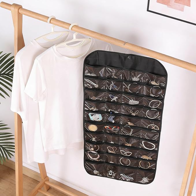 Black Hanging Jewelry Organizer, 80 Clear Pockets Double-Sided Jewelry Holder, Wall Door Closet Hanging Storage for Earrings Necklaces Rings, Suitable Gift for Women