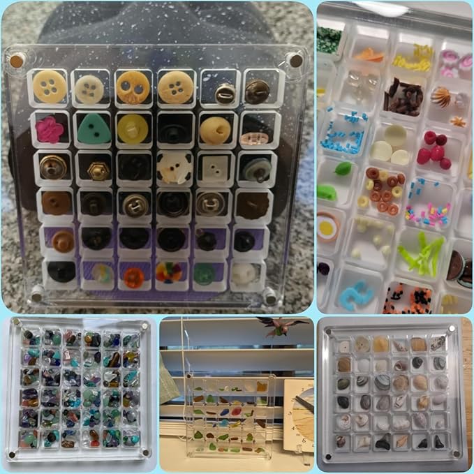 Acrylic Magnetic Seashell Display Box, Seashell Storage Box Display Case Decorative Seashell Starfish Trinket, Small Craft Organizers Container for Bead, Nail, Jewelry, Square-36 Grid