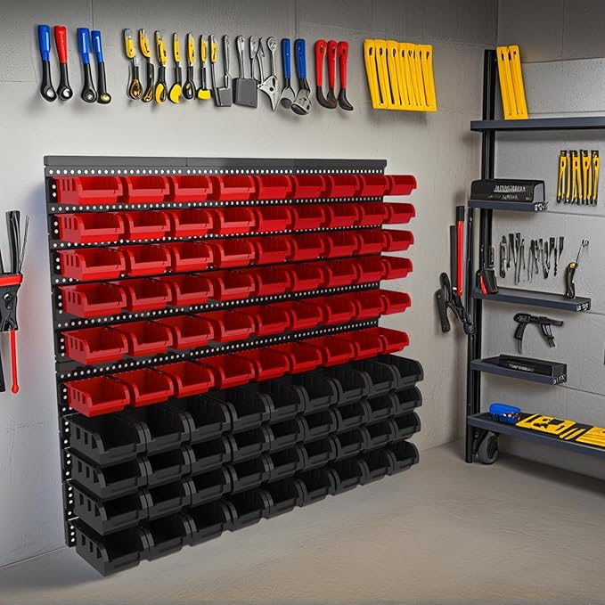 ‌90PCS Wall Mount Storage Bins Organizer - Adjustable Plastic Compartments for Screws/Nuts/Bolts／hardware, Perfect for Garage & Workshop Tool Organization