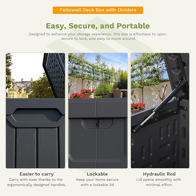 Patiowell 230 Gallon Large Outdoor Storage Box, Waterproof Deck Box with Fixed Divider, Lockable and Durable Patio Storage Solution for Patio Furniture and Garden Tools, Black