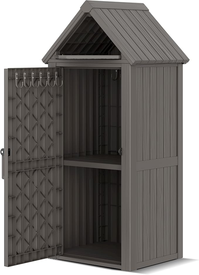Fancyango Outdoor Resin Storage Shed, Upgrade Sturdy Storage Cabinet with Removable Shelves and Lock Ring, Reinforced Floor, All-Weather Construction for Garden Patio Lawn (Gray)