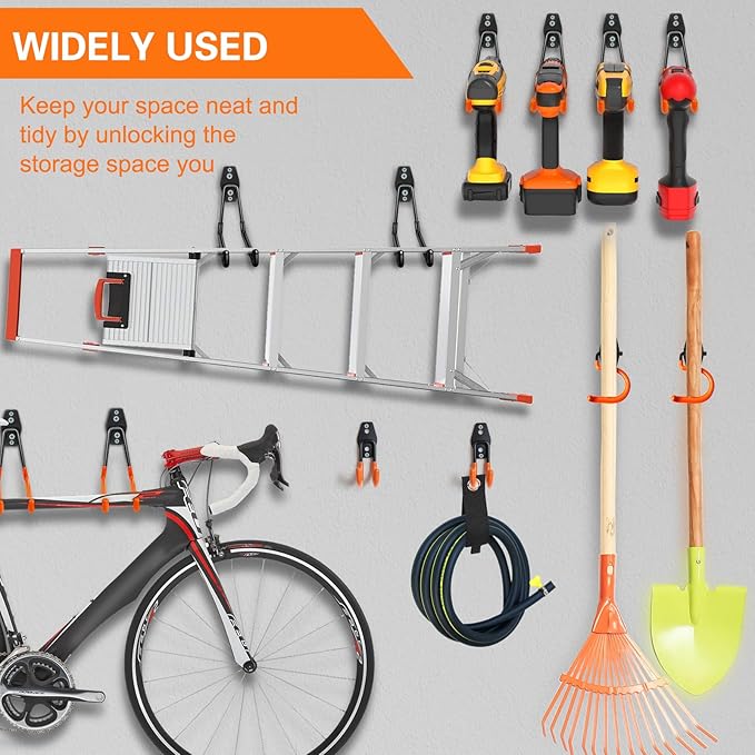 18 Pack Garage Hooks Heavy Duty Utility Steel with Anti-Slip Coating Wall Mount Storage Organizer for Hanging Power and Garden Tools, Ladders, Hose, Bikes, Ropes, Bulk Items, and More