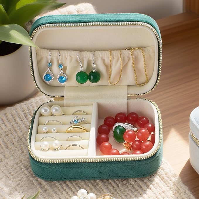 Small Travel Jewelry Case for Women - Plush Velvet Portable Organizer, Holds 20+ Bracelet/Necklace/Earrings/Rings, Giftable Storage Display Box Zipper, Mother/Bridesmaid/Girlfriend Gift (Pink)