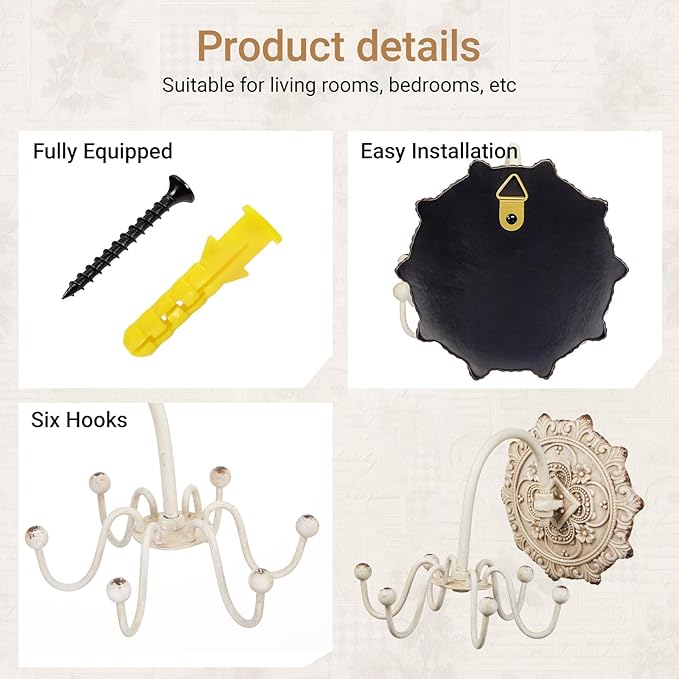 Tondiamo 1 Pcs Wall Mounted Jewelry Organizer Shabby Wall Decor Vintage Jewelry Organizer 6 Rotatable Hooks Include Screws for Women Necklace Bracelet Earring Hat Gift