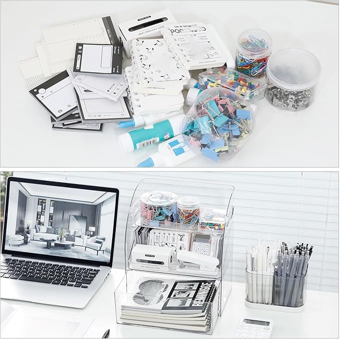 FABROK 3-Layer Desk Organizer with Drawer, Clear Office Supplies and Desk Accessories Organizer with Handle, Desktop Organizer and Storage for Stationery（Clear）