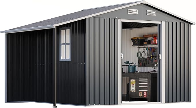 Jocisland 10.6x6.8x6.3 FT Outdoor Storage Shed with Sliding Doors, Two 4-Pane Windows, Open-Air Design Outdoor Shed for Wood Storage, Dark Grey/White