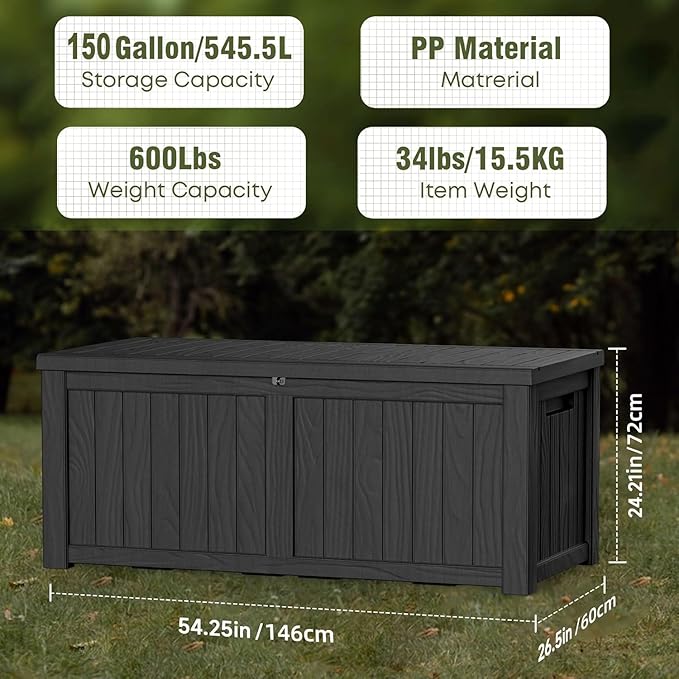 150 Gallon Outdoor Deck Box,Waterproof Resin Outdoor Storage Boxes, Outside Storage Lockable Container for Garden Tools,Indooor Cushions,Accessories (Black)