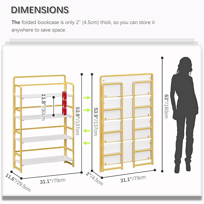4NM No Assembly Extra Wide 4 Tiers Folding Bookshelf Storage Shelves Vintage Bookcase Standing Racks Study Organizer Home Office (White Gold)