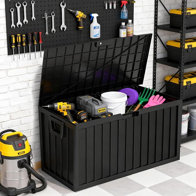 75 Gallon Outdoor Storage Box Waterproof,350LBS Lockable Patio Storage Box for Patio Cushions,Garden Tools and Tools Storage,Outside Storage Box-Black