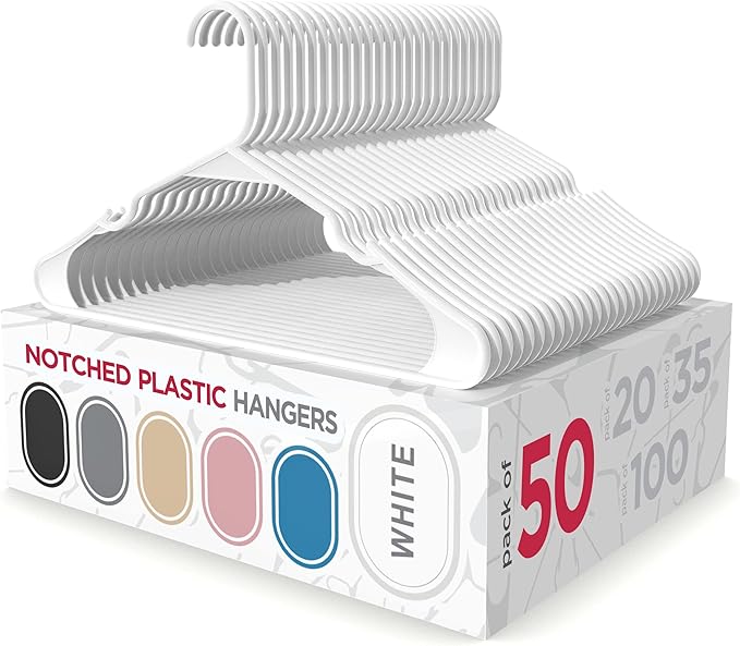 Sharpty Plastic Hangers, 50 Pack, Slim, Space Saving, Heavy Duty, White