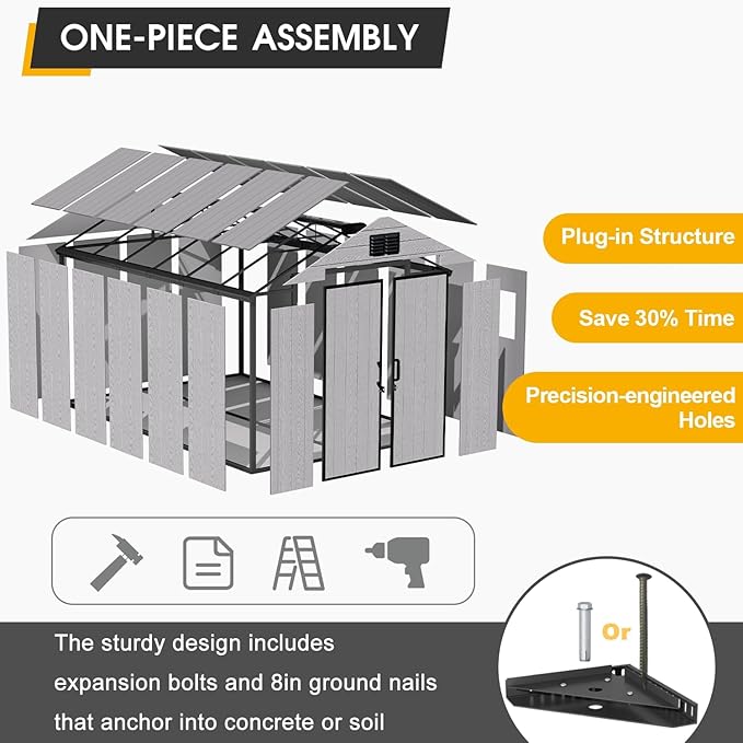 MELLCOM 8 x 12 FT Outdoor Resin Storage Shed with Floor, Garden Storage Shed with Windows and Lockable Door, Resin Tool Shed for Lawnmower,Pool Supply,Bike