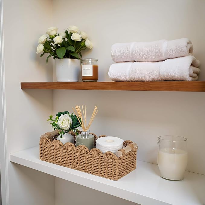 CubesLand Bathroom Basket Organizer, Toilet Tank Paper Storage Baskets 2-Pack, Scalloped Decorative Basket for Countertop w/Handle, Wicker Basket for Bathroom Decor, Home Decor, Living Room, Neutral