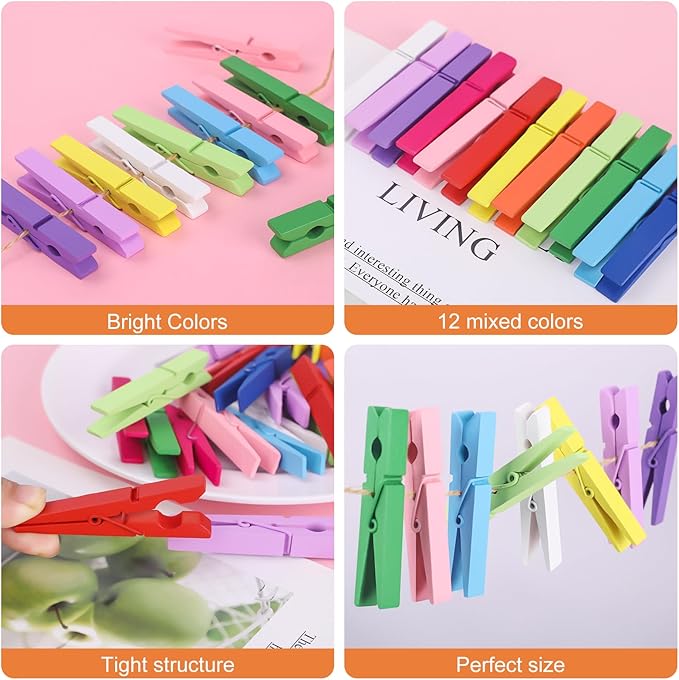 WAENLIR Colored Clothes pins 12 Color 2.9inch 100PCS, Colorful ClothesPins Wooden Clips for Photos Pictures Decorative Crafts, Decoration clothespins Clothing Hanging clothespins (12 Colors 100pcs)