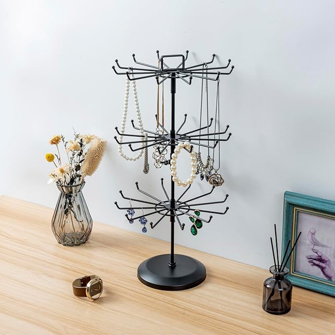 MyGift 3 Tier Classic Large Black Metal Jewelry Tree Holder Organizer with 360 Degree Rotating Arms, Spinning Necklace and Bracelet Tower Display Stand with 36 Hooks and Top Card Holder For storage