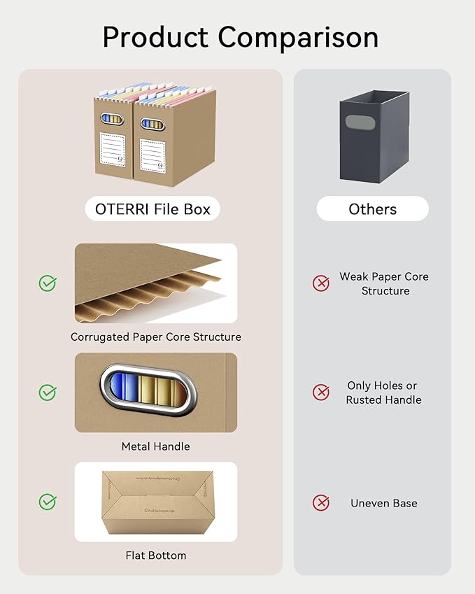Oterri Cardboard File Organizer Box for Hanging File Folders Letter Size,File Box for Computer Desk,File Cabinet,Working Home,Office,Classroom (Brown, Letter Size - 4 Packs)