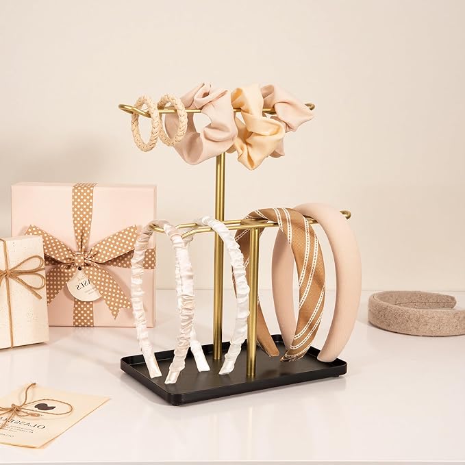 Headband Holder Organizer for Hair Accessories: Headband Storage Vanity Hair Clip Organizer, Two-Tier Stand with Storage Tray for Girls Women, Jewelry Necklace Rack for Vanity, Bathroom, Gold Black