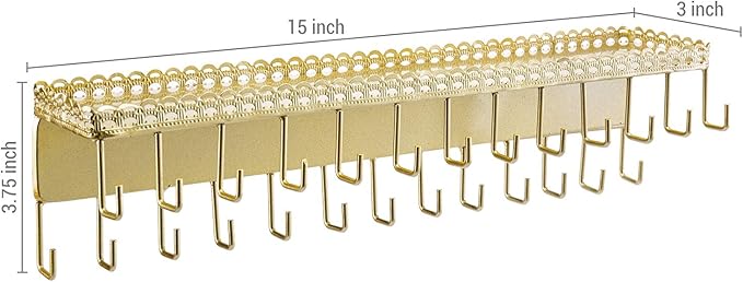 MyGift 15 Inch Wall Mounted Gold Tone Metal Jewelry Organizer & Display Shelf with Vintage Lace Design, Hanging Perfume Storage and 26 Hook Necklace Hangers
