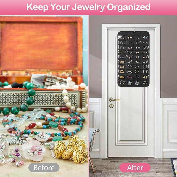 Hanging Jewelry Organizer for Closet with Swiveling Hanger, 17 x 30 In, 80 Clear Pockets Jewelry Organizer Hanging for Jewelries, Earrings, Accessories (Beige) (1, Black)