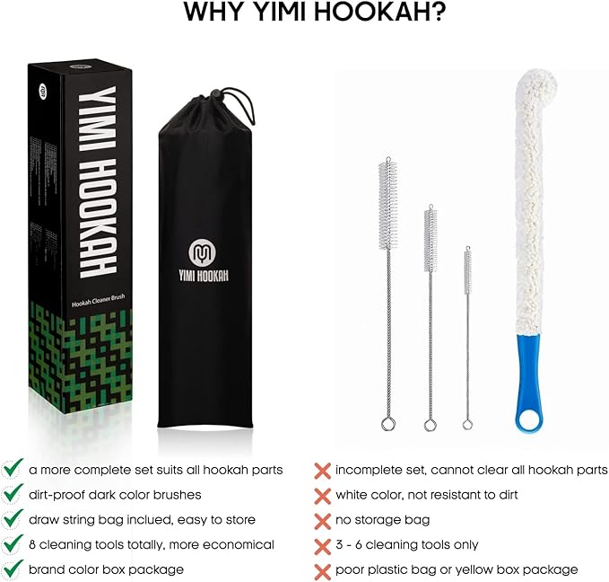 Yimi Hookah® Cleaning Kit | Flexible Drain Brush | V Shape Angled Brush | Test Tube Brushes and Micro Brush | Decanter Cleaning Beads | Flexible Bottle Scourer| Hookah Shisha Brush Set.