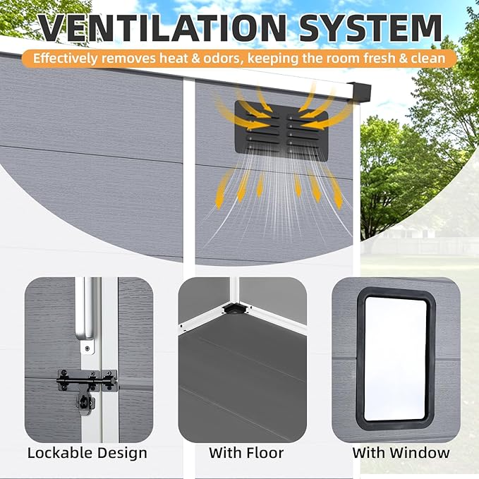 MELLCOM 5 x 4 FT Outdoor Storage Tool Shed with Windows and Lockable Door, Resin Outdoor Storage Shed with Floor, Resin Garden Shed for Garbage Can, Lawnmower, Bike