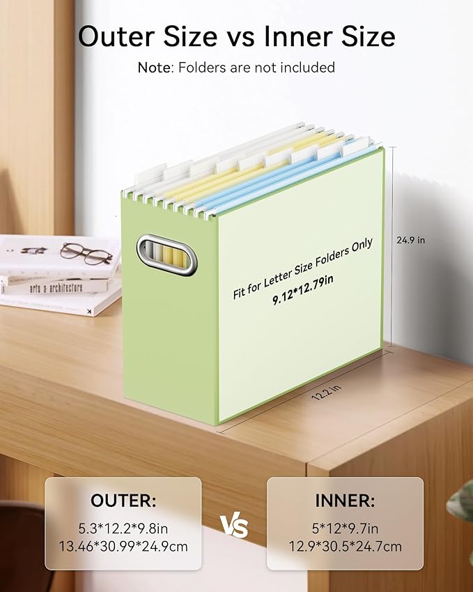 Oterri File Organizer - Small Cardboard Storage Box, Collapsible and Portable With Handle for Letter Size Files, Hanging Folder Box (Green, Letter Size - 4 Packs)