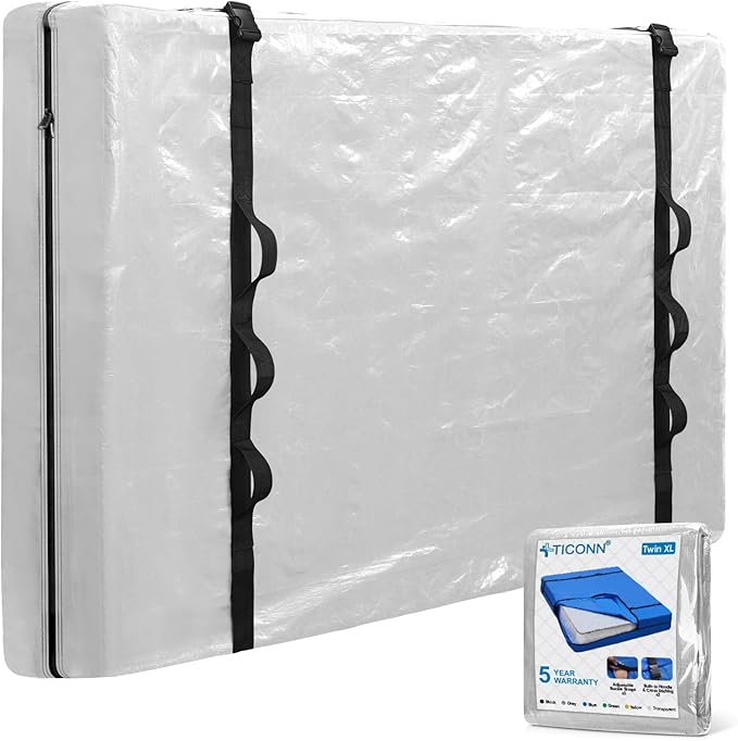 TICONN Mattress Bags for Moving, Heavy Duty Twin XL Mattress Cover Storage Bag with Full-Around Handle and Adjustable Buckles (Clear, Twin XL)