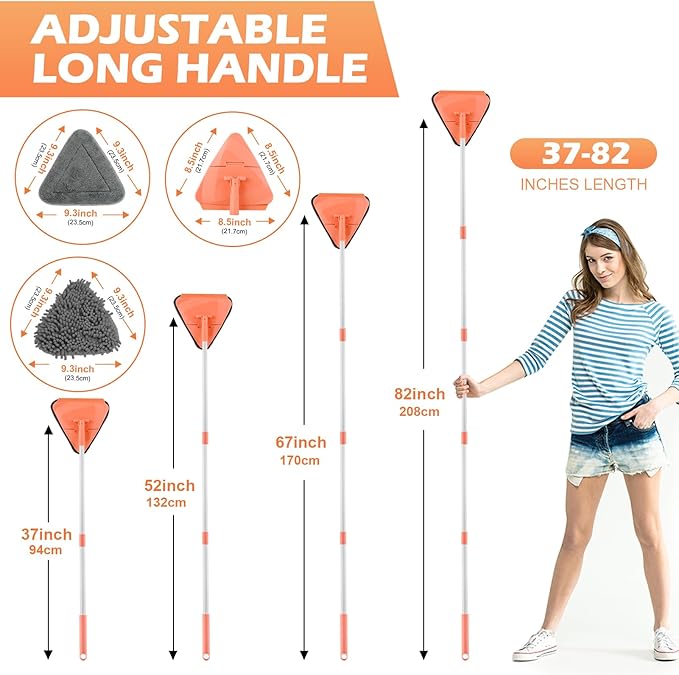 RONSUNG Wall Cleaner Triangle Mop with 82'' Long Handle - Wall Scrubber, Cleaning Washer Tool with 6 Pads for Clean Walls, Ceiling, Windows, Floors, Baseboards (Orange)