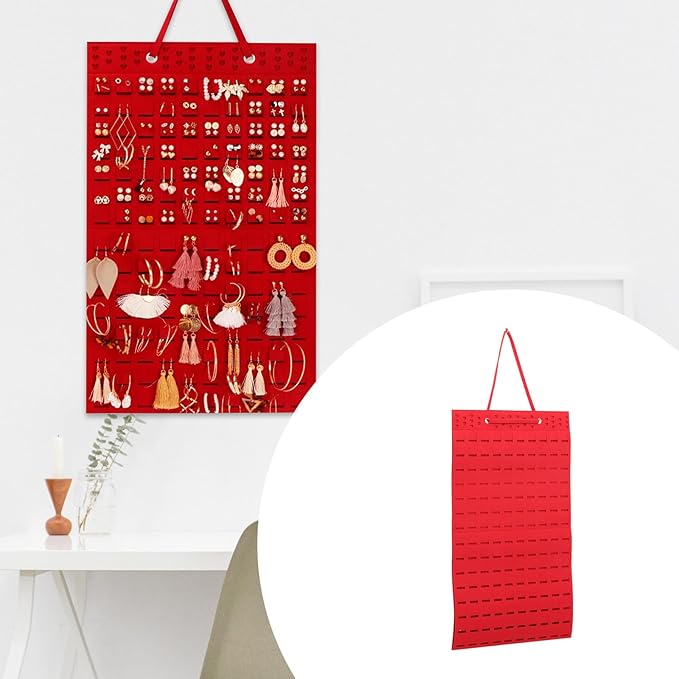 Uonlytech Hanging Jewelry Organizer Storage Bag Thickened Felt Red Wall-Mounted Jewelry Display Holder for Earrings Necklaces Bracelets Household Accessory Organizer