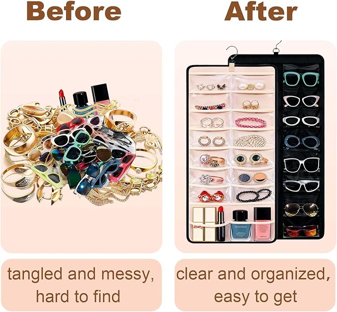 LAKSMI 2 PCS Hanging Sunglasses Organizer & Jewelry Storage, 32 Dust-Proof Pockets for Multiple Sunglasses and Accessories