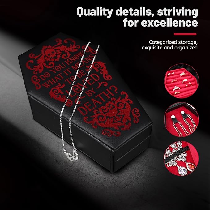 Gothic Velvet Coffin Jewelry Box, Travel Case Versatile Organizer for Rings, Necklaces, Earrings (Black)