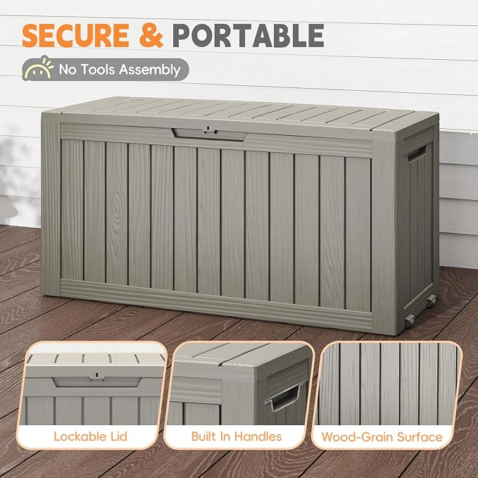 Outdoor Storage Box, 75 Gallon Deck Box Waterproof, Resin Patio Storage Bin for Package Delivery, Patio Furniture Cushion, Garden Tools, Pool Accessories, Weatherproof, Grey