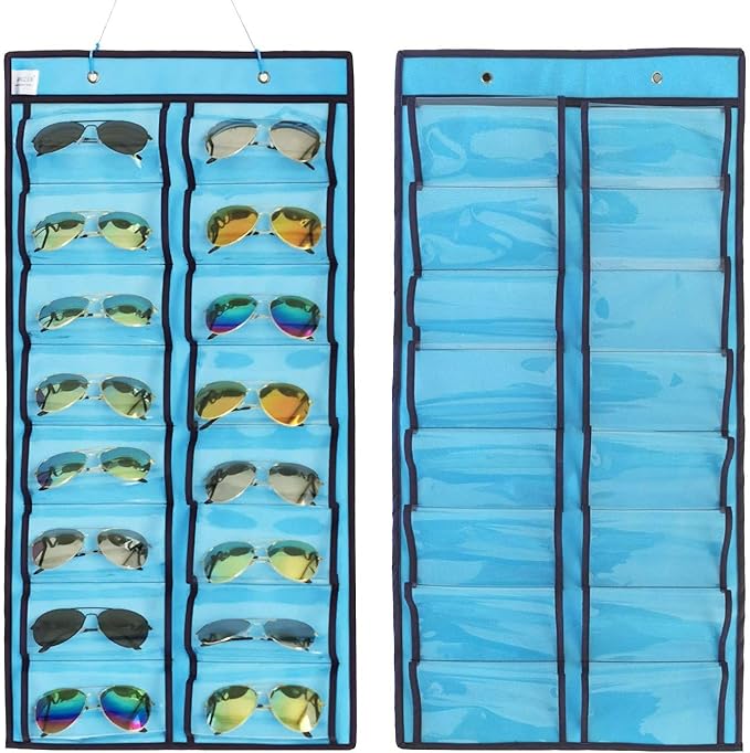 Dual-sided Hanging Sunglasses Organizer Dust-Proof Glasses Storage Wall Pocket Eyeglasses Display Case with 32 Slots