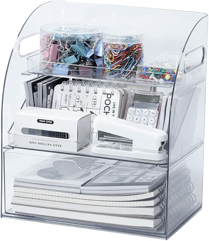 FABROK 3-Layer Desk Organizer with Drawer, Clear Office Supplies and Desk Accessories Organizer with Handle, Desktop Organizer and Storage for Stationery（Clear）